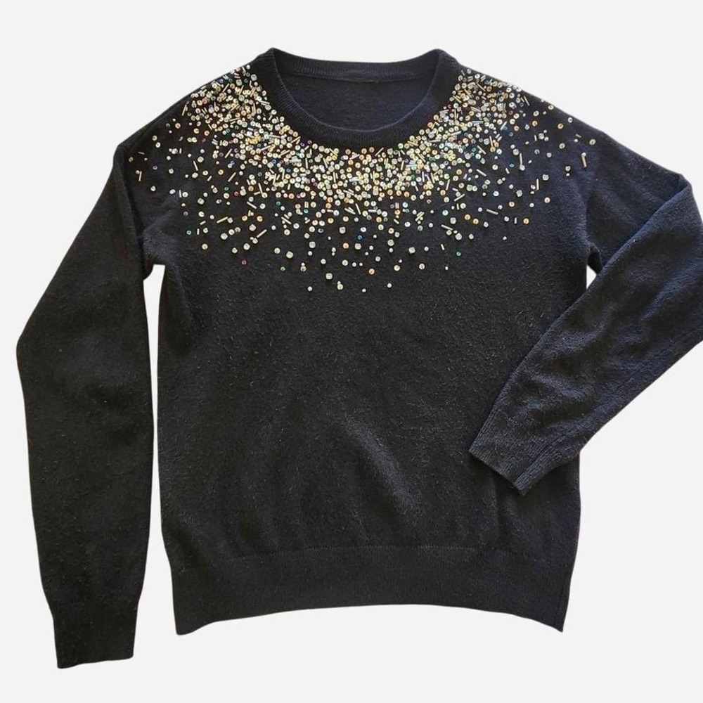 Topshop Knit Sweater Embellished with Beads Sequins Angora Cotton Black Sparkly